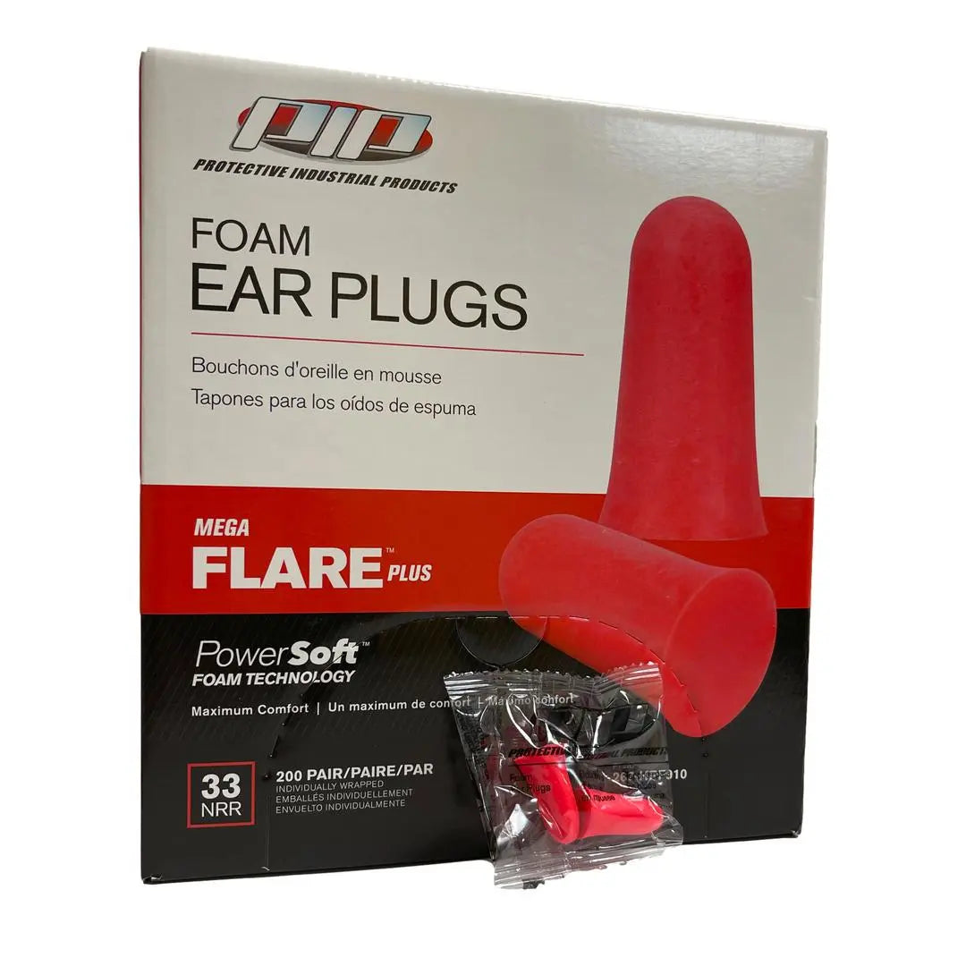 PIP - Mega Flare Plus, Disposable Soft Polyurethane Foam Ear Plugs - NRR 33, Uncorded, 200/BX - Becker Safety and Supply
