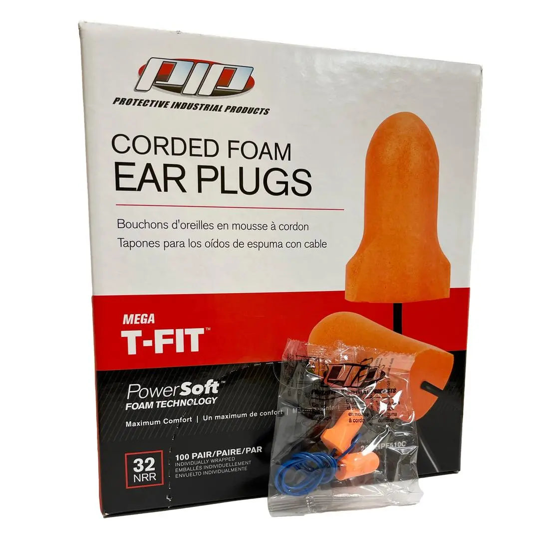 PIP - Mega T-Fit T-Shape Disposable Soft Polyurethane Foam Corded Ear Plugs - NRR 32, Corded, 100/BX - Becker Safety and Supply