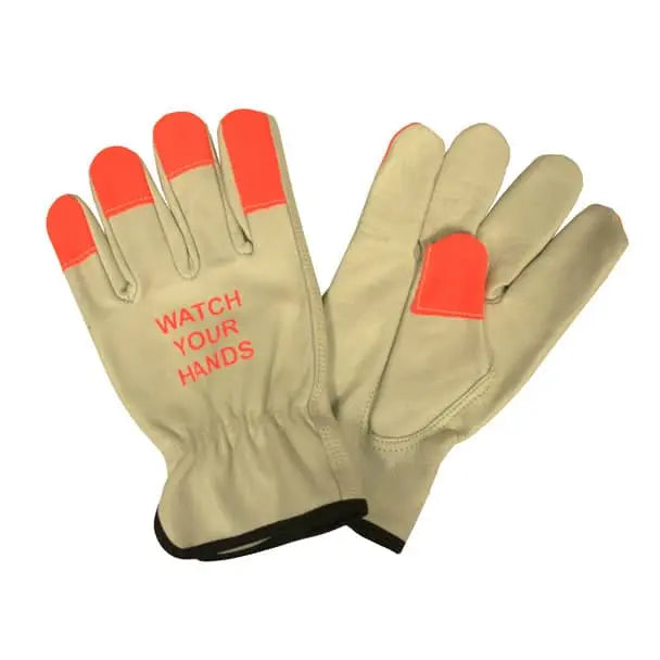 CORDOVA - Beige Grain Cowhide Driver Unlined, Shirred Elastic Back, Keystone Thumb, Orange Sewn Fingertips, Watch your hands LOGO - Becker Safety and Supply