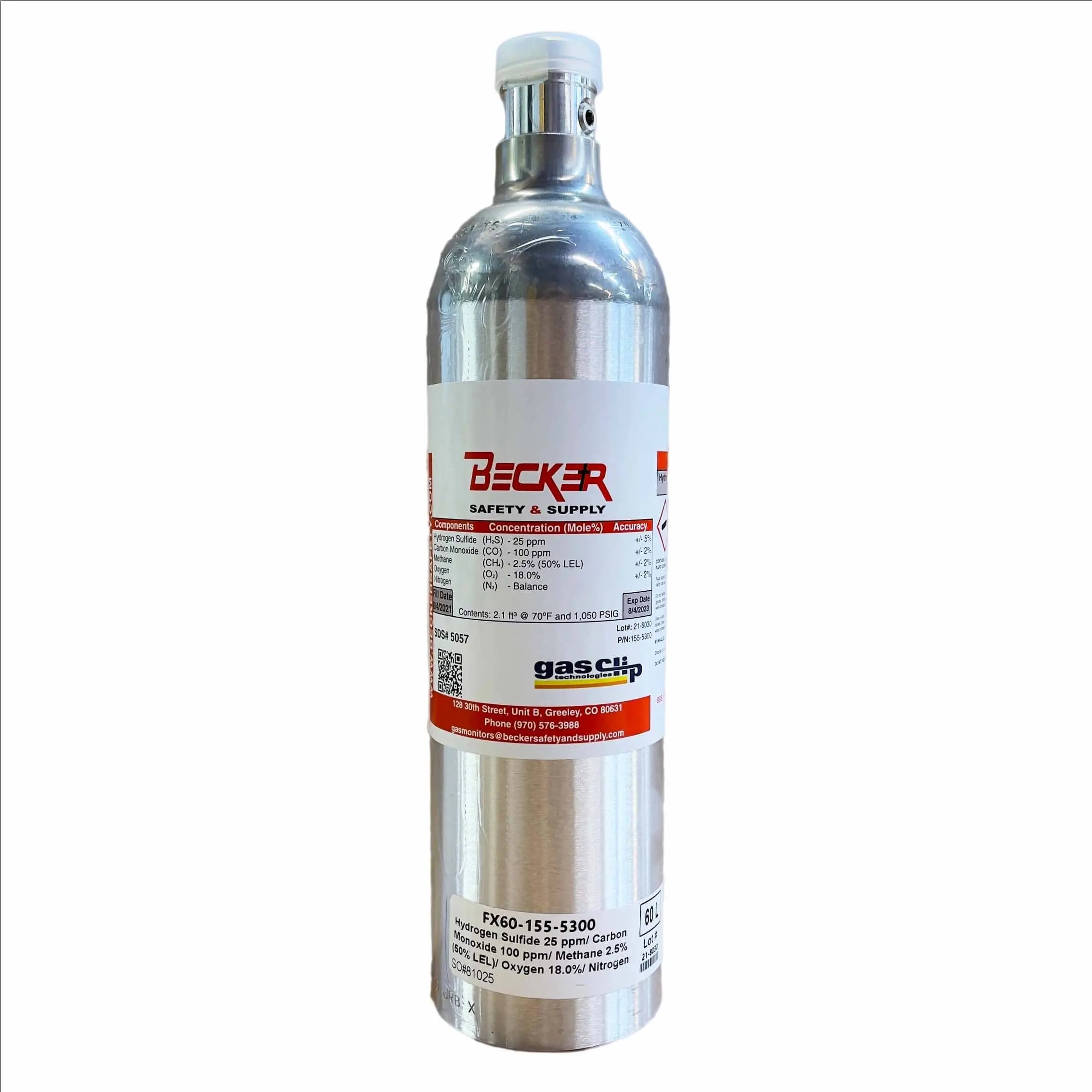 GAS CLIP - MGC Calibration Gas LEL,CO,H2S,O2 29L (18% 02, 50% LEL, 100ppm CO, 25ppm H2S) - Becker Safety and Supply