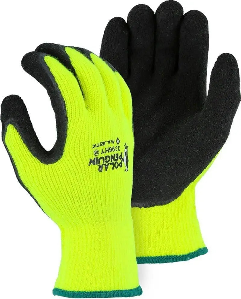 MAJESTIC - Polar Penguin Winter Lined Napped Terry Glove with Foam Latex Dipped Palm, Yellow - Becker Safety and Supply