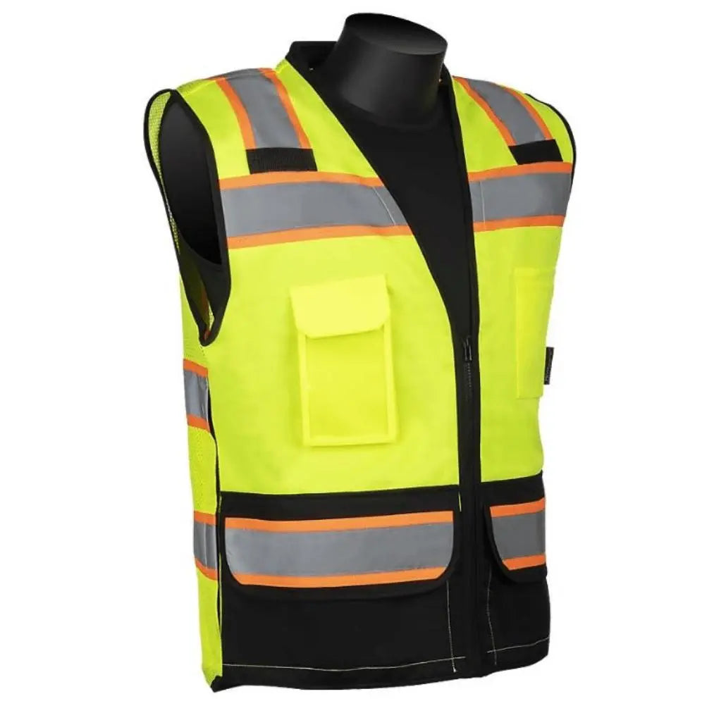 LIBERTY - IPad Surveyor Hi-Viz Safety Vest, Black Bottom w/ Padded Neck Collar, Fluorescent Green - Becker Safety and Supply