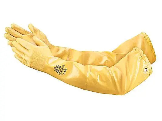 SHOWA - 12mil Nitrile Gloves with 26in Cuff Interlock Knit Cotton Lining, Yellow - Becker Safety and Supply