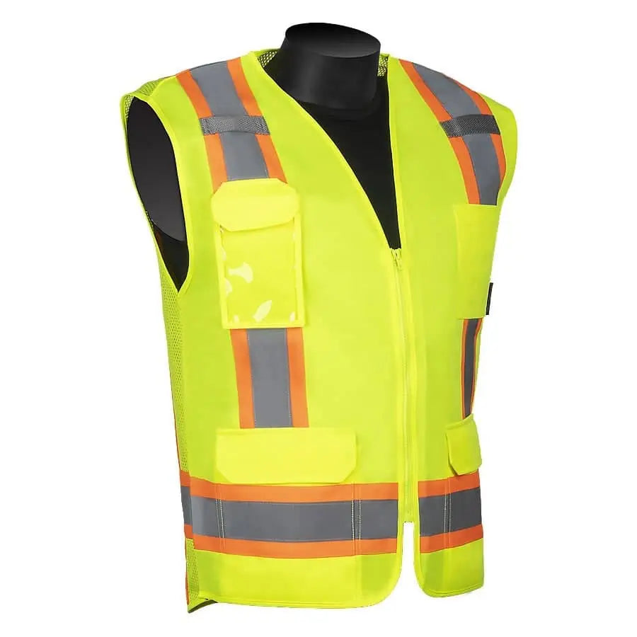 LIBERTY - Green Standard Hi-Viz Surveyor Vest, Solid Front, Mesh Back, Class 2 w/ 6 Pockets, COLOSCAPES LOGO - Becker Safety and Supply