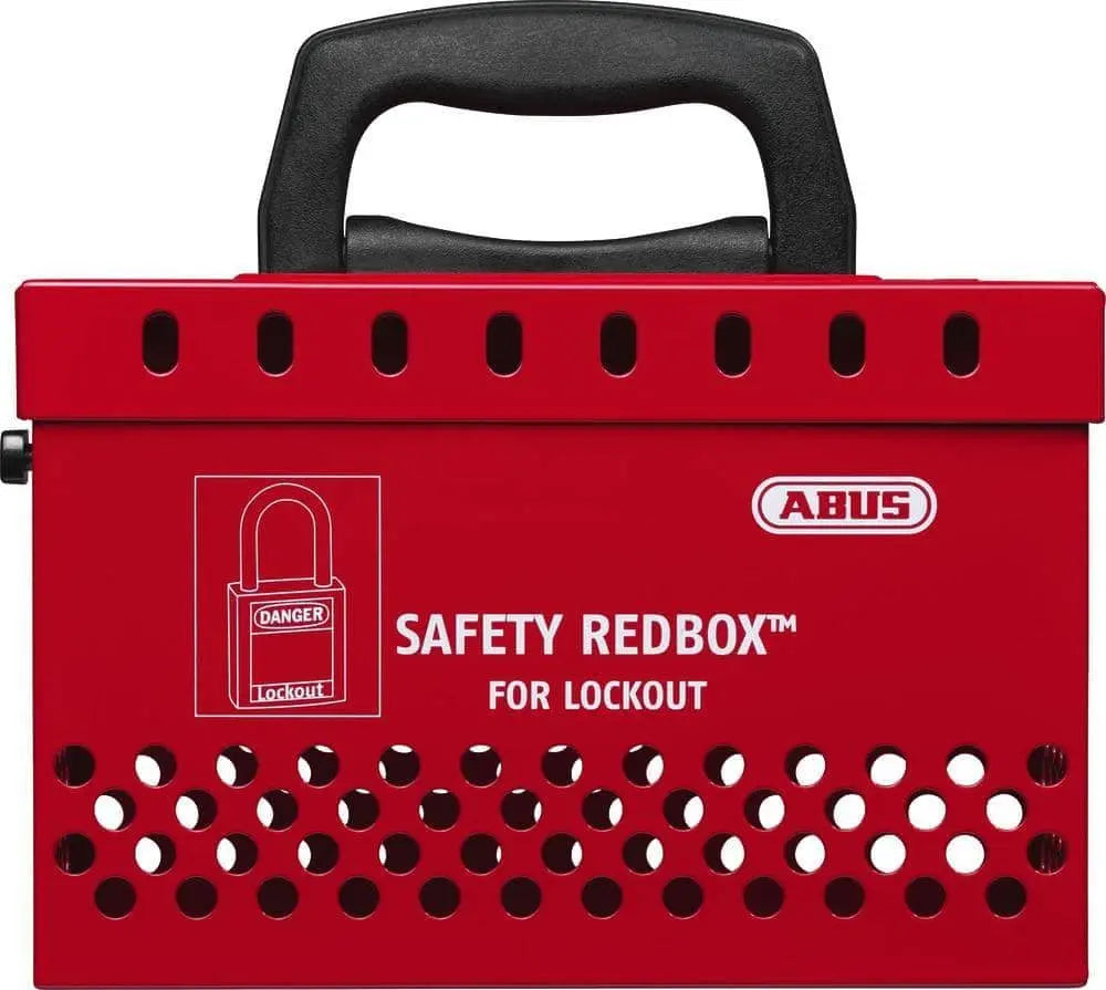 ABUS - Safety Redbox - Lockout Box w/ 'fold away' handle and attached wall bracket - Red - 6 27/32"W X 9 29/64"L X 3 45/64"D - 12 Padlock Eyelets - Becker Safety and Supply