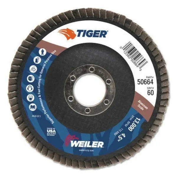 WEILER - Tiger Disc Flat Style Flap Discs 4.5" 60 Grit 7/8 Arbor Phenolic Alum Oxid - Becker Safety and Supply