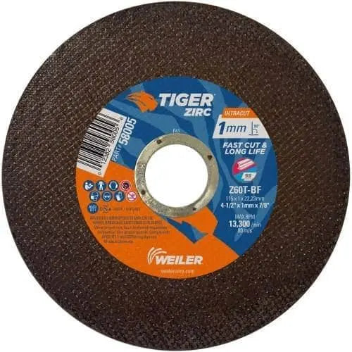 WEILER - Tiger Zirconia Ultracut Thin Cutting Wheel, 4.5", 7/8" Arbor, 60, 13300rpm, - Becker Safety and Supply