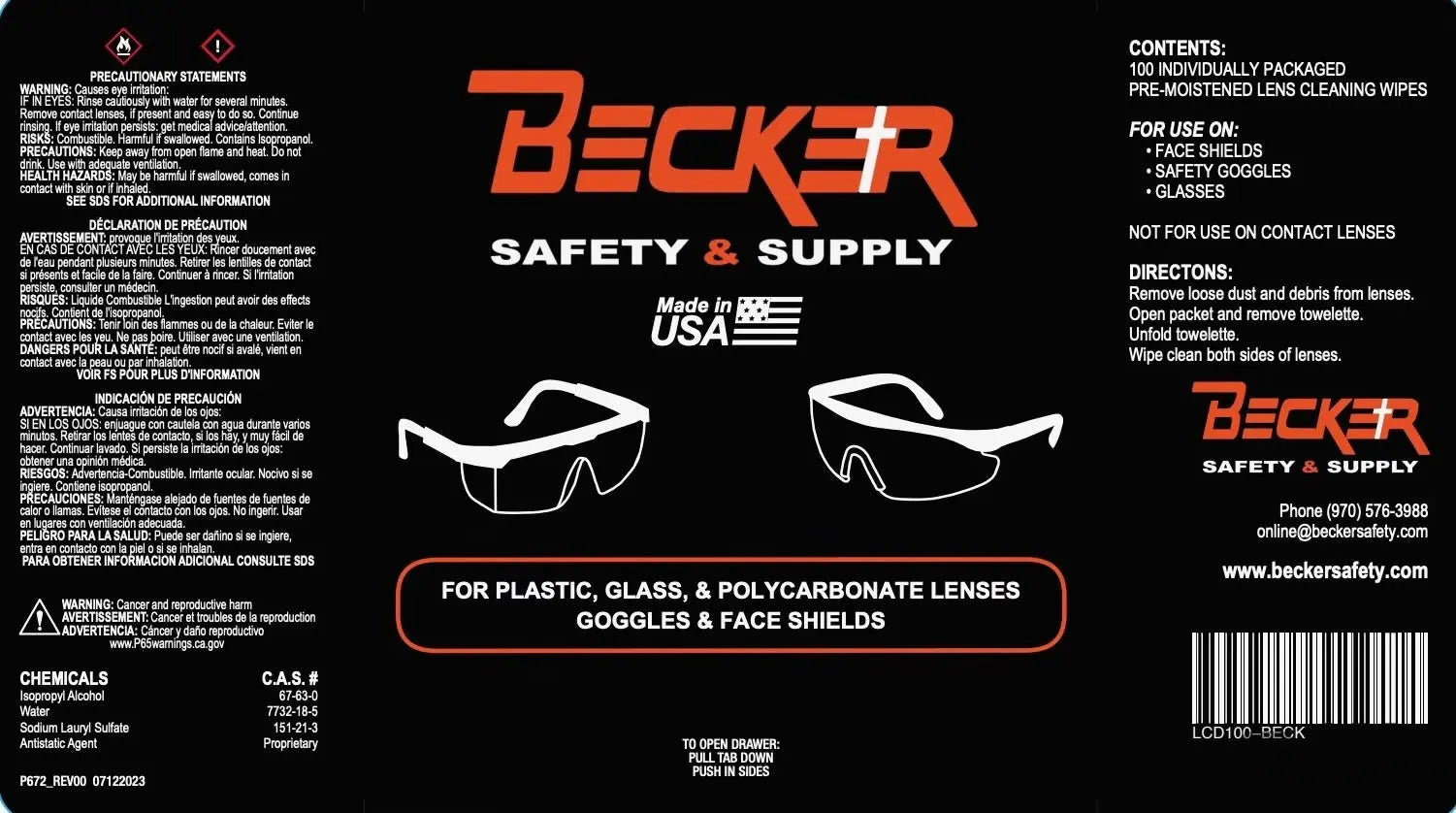 BECKER SAFETY - Lens Cleaning Towelettes (BOX OF 100)  Becker Safety and Supply