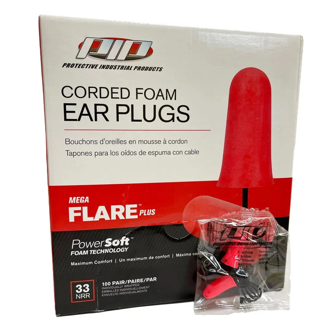PIP - Mega Flare Plus, Disposable Soft Polyurethane Foam Ear Plugs - NRR 33, Corded, 100/BX - Becker Safety and Supply
