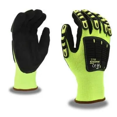 CORDOVA - OGRE Impact, 13 Guage Hi-Vis Lime Polyester Shell, Black Sandy Nitrile Coating Palms, TPR with Kevlar Reinforced Thumb Crotch - Becker Safety and Supply