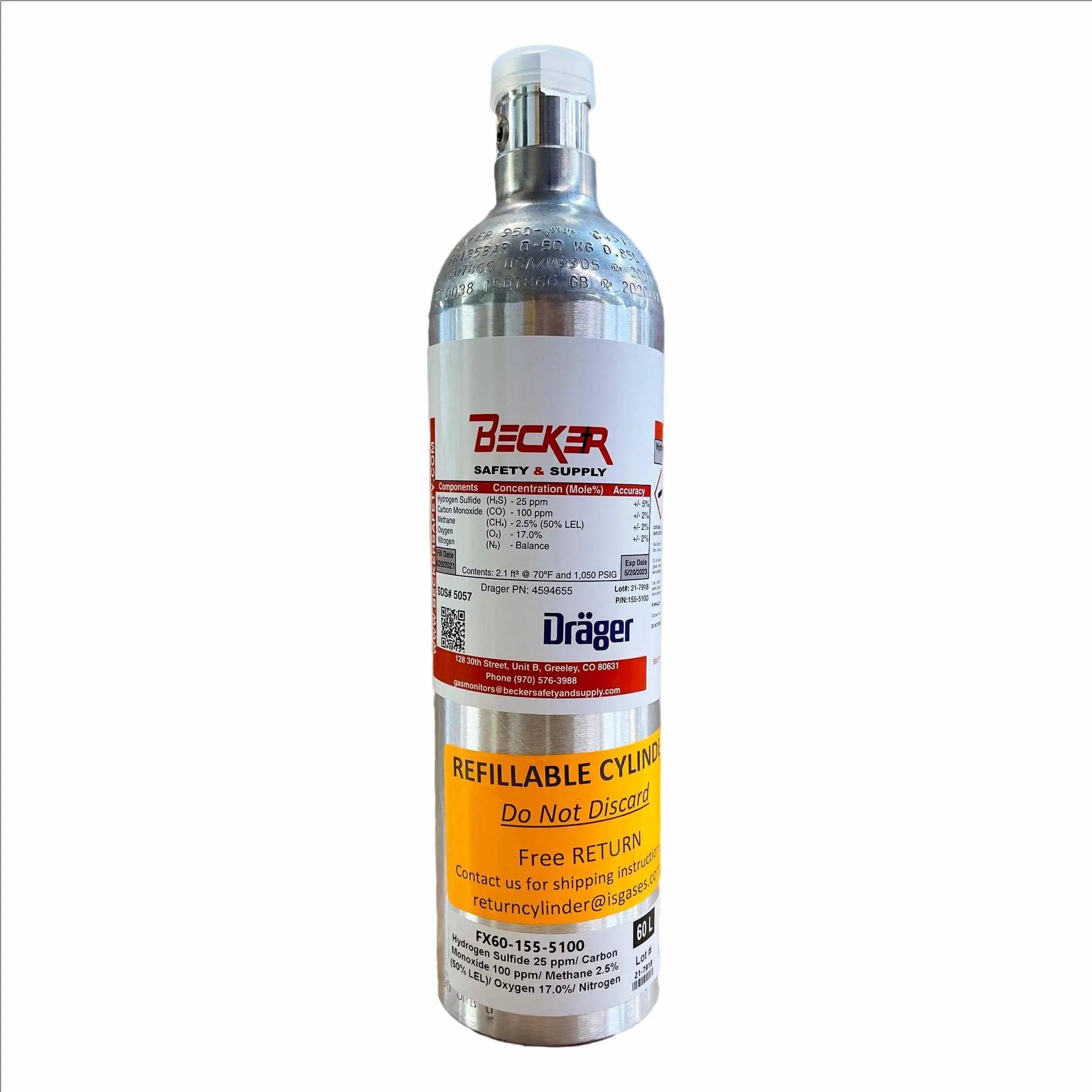 DRAEGER - Calibration Gas 02,CO,H2S, LEL 58L (17% 02, 25PPM H2S, 100 PPM CO, 50% LEL) - Becker Safety and Supply