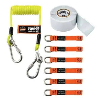 ERGODYNE - SQUIDS 3180 Tool Tethering Kit 2lb - Kit includes: 4.5" Web Tool Tails (6-pack), Self-Adhering Tape, Coiled Lanyard - Tether up to six 2 lb tools - Becker Safety and Supply