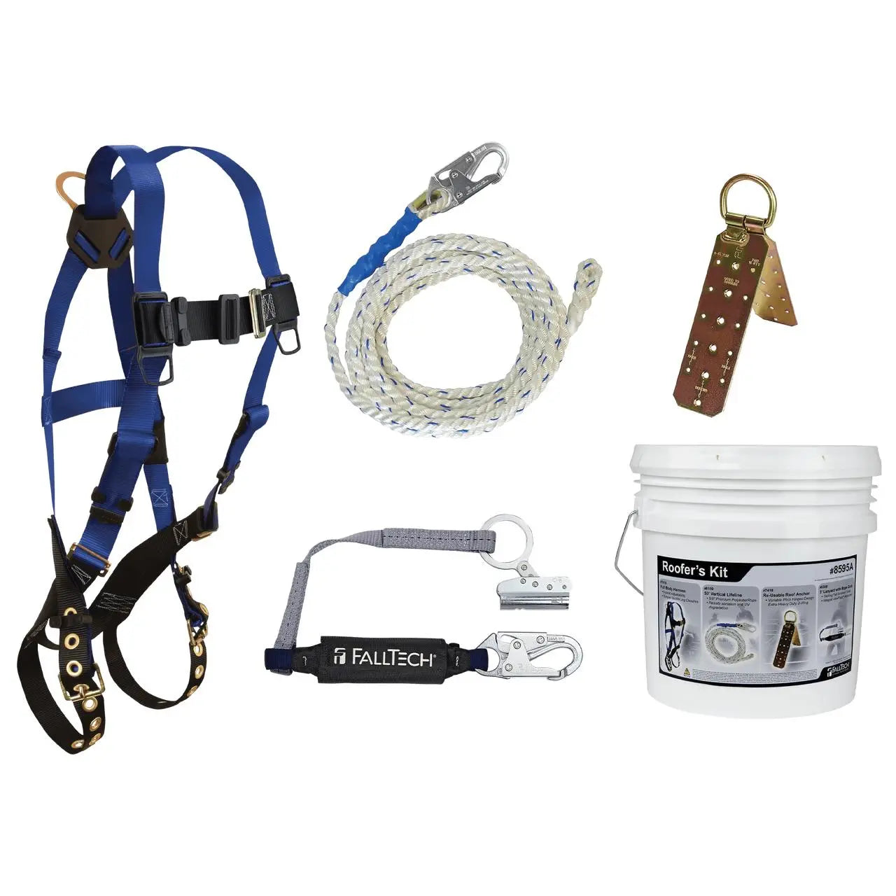 FALL TECH - Roofer's Kit - Contractor - Contains: 7016 Harness; 8150 Vertical Lifeline, 8368 Shock Absorbing Lanyard with Trailing Grab; 7410 Roof Anchor - Becker Safety and Supply