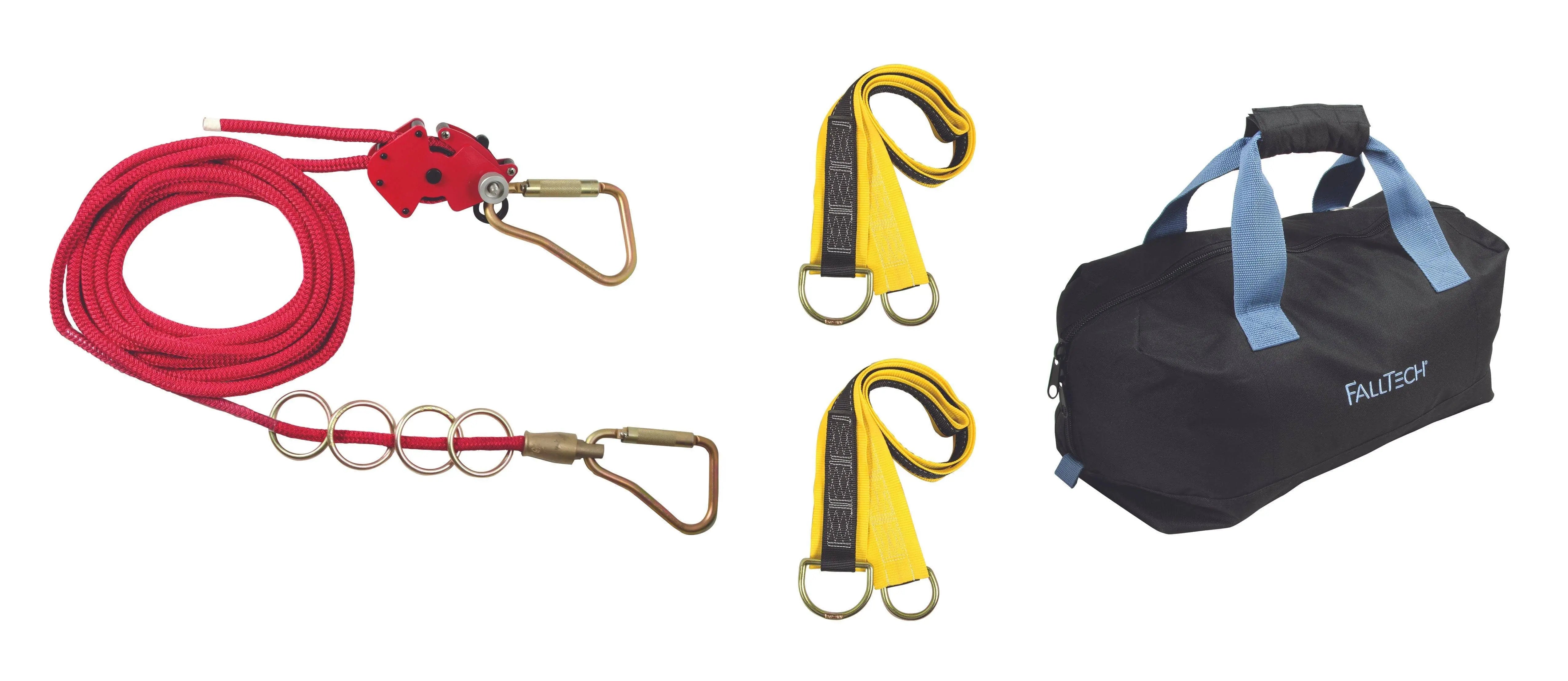 FALLTECH - 4 Person 100ft Lifeline Kit. Kit Includes: Synthetic Rope; Line Tensioner; 4 O-Rings; 2 Carabiners; 2 Pass-through Anchors and Storage Bag. - Becker Safety and Supply