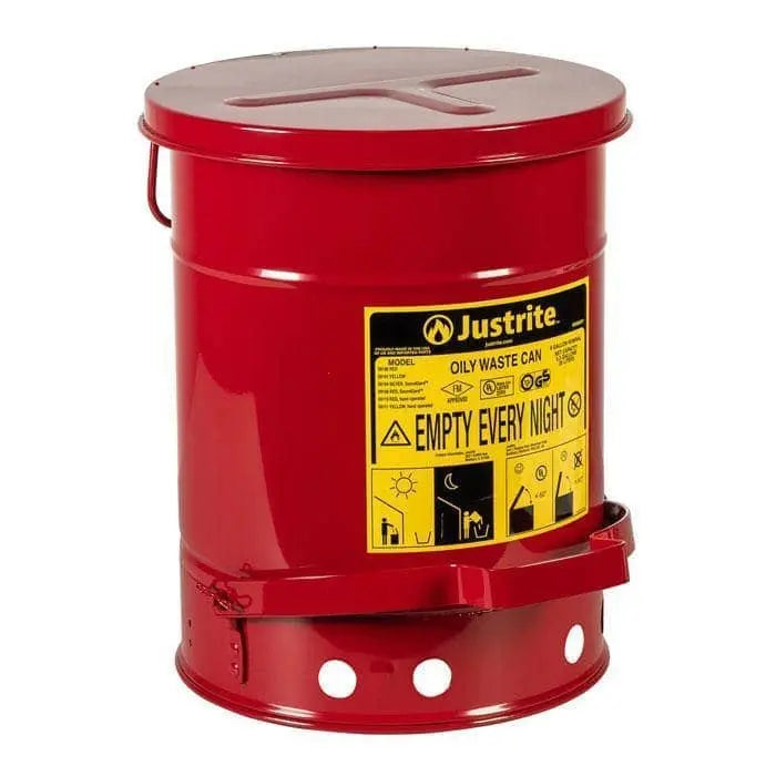 JUSTRITE - Red Oily Waste Cans, Foot Operated Cover, 6 Gal - Becker Safety and Supply