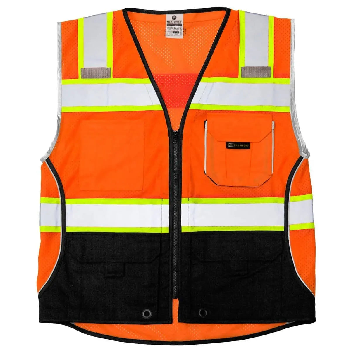 KISHIGO - 100% polyester mesh heavy duty black bottom, Zipper front closure, 2" wide reflective material with 3" breathable contrasting color, Reflective trim around arms and piping down sides, Left and right chest mic tabs, Orange - Becker Safety and Supply