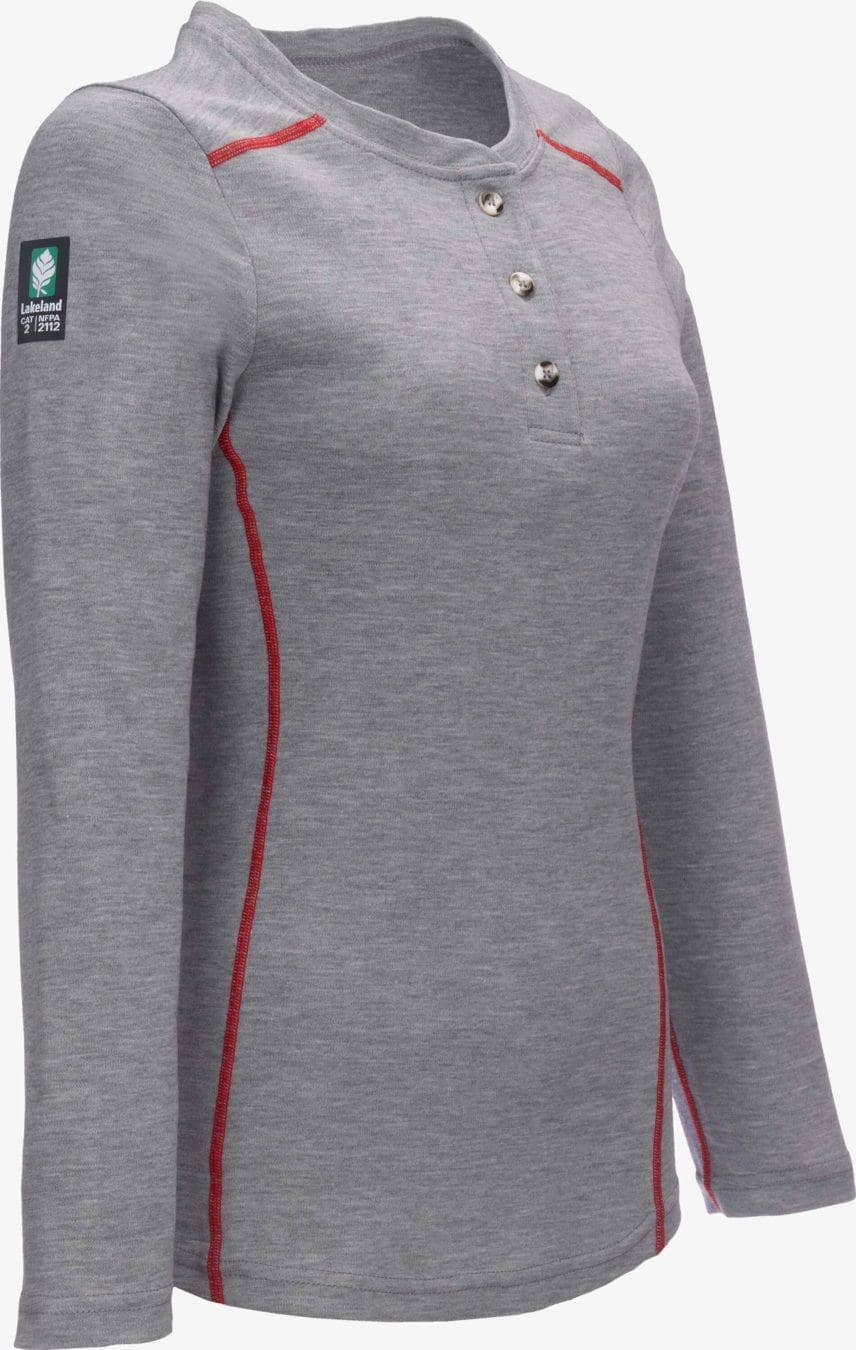 LAKELAND FR - Womens cut.  Henley knit shirt. Dual certified, NFPA 70E, 2112 certified-Heather Gray - Becker Safety and Supply