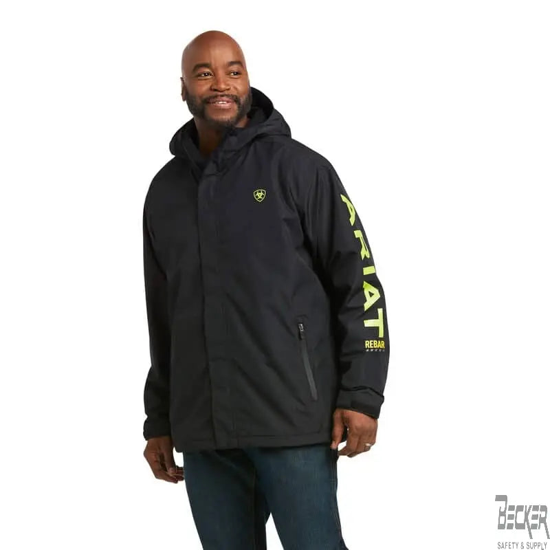 ARIAT - Rebar Stormshell Logo Waterproof Jacket, Black/Lime - Becker Safety and Supply