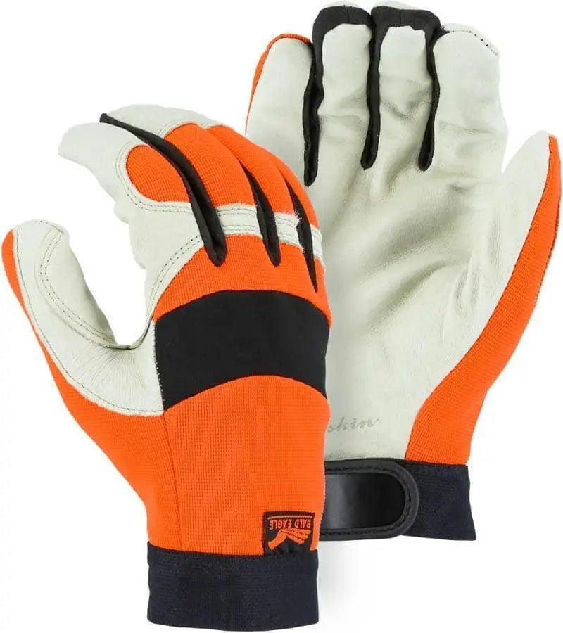 MAJESTIC - Bald Eagle Mechanics Glove with Pigskin Palm and High Visibility Stretch Knit Back, Orange -