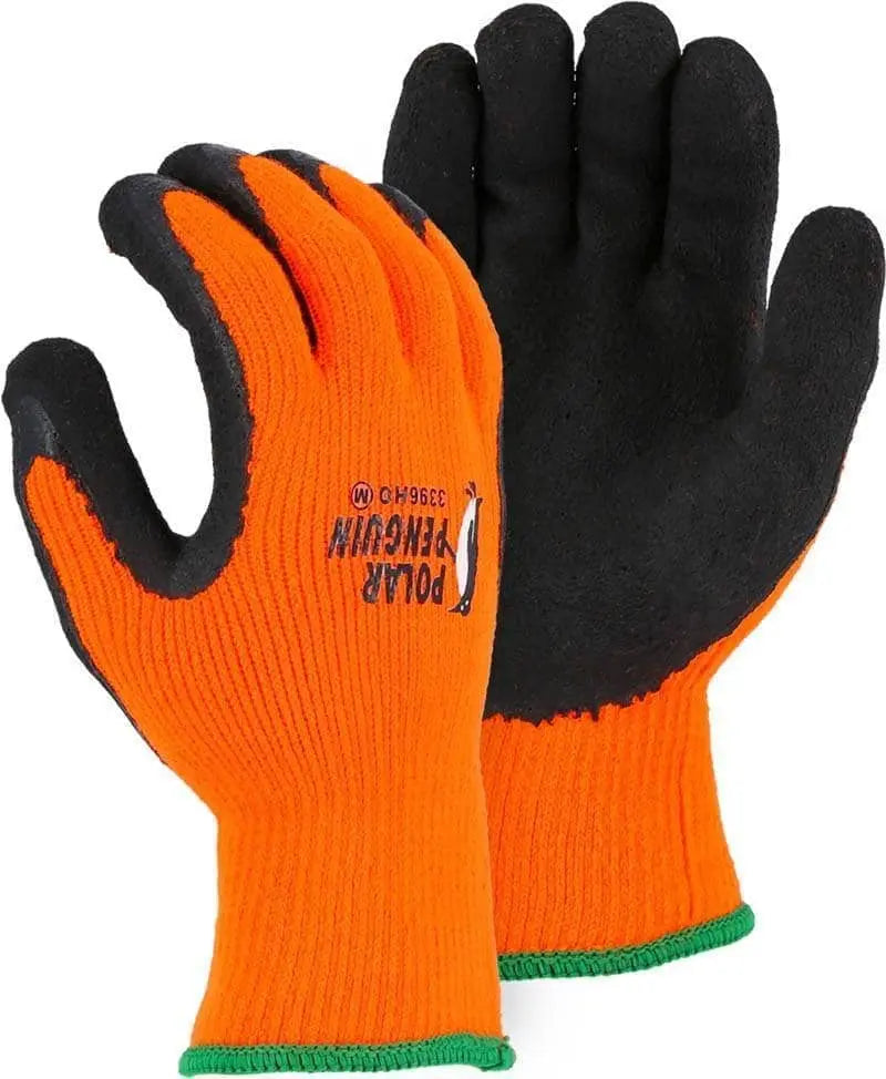 MAJESTIC - Polar Penguin Winter Lined Napped Terry Glove with Foam Latex Dipped Palm, Orange - Becker Safety and Supply