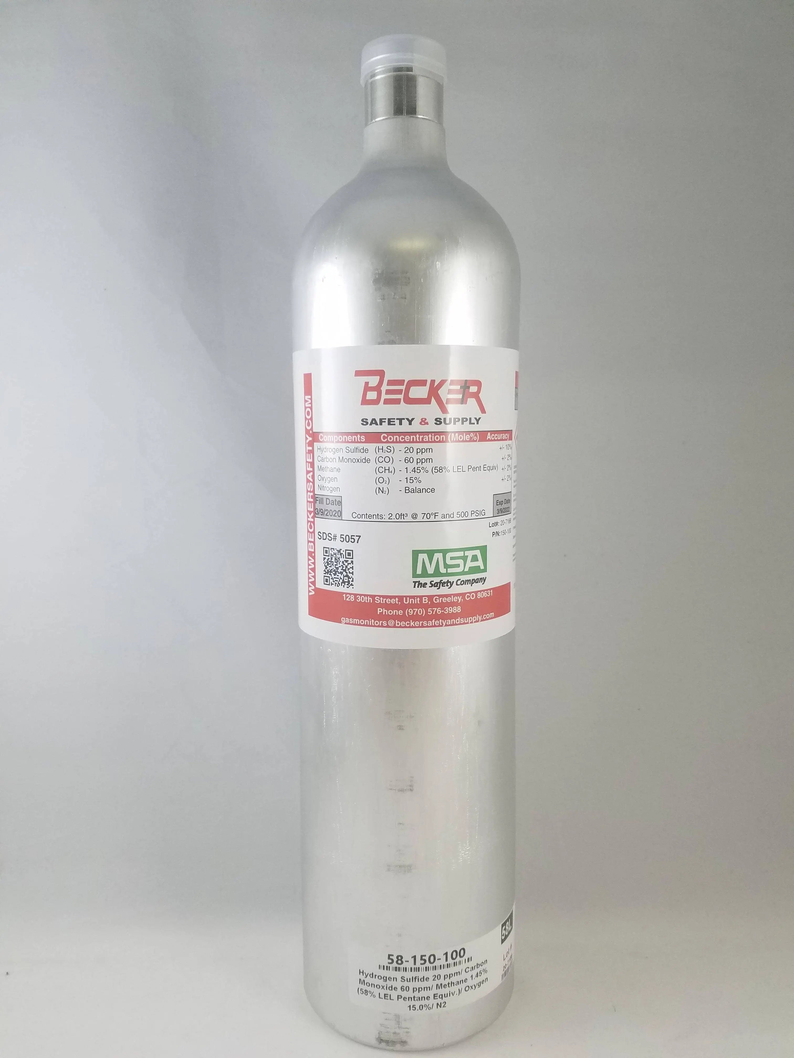 MSA - ALTAIR CAL GAS 58L LEL,CO,O2,H2S (CH4 1.45%,02 15%, CO 60PPM, H2S 20PPM) - Becker Safety and Supply