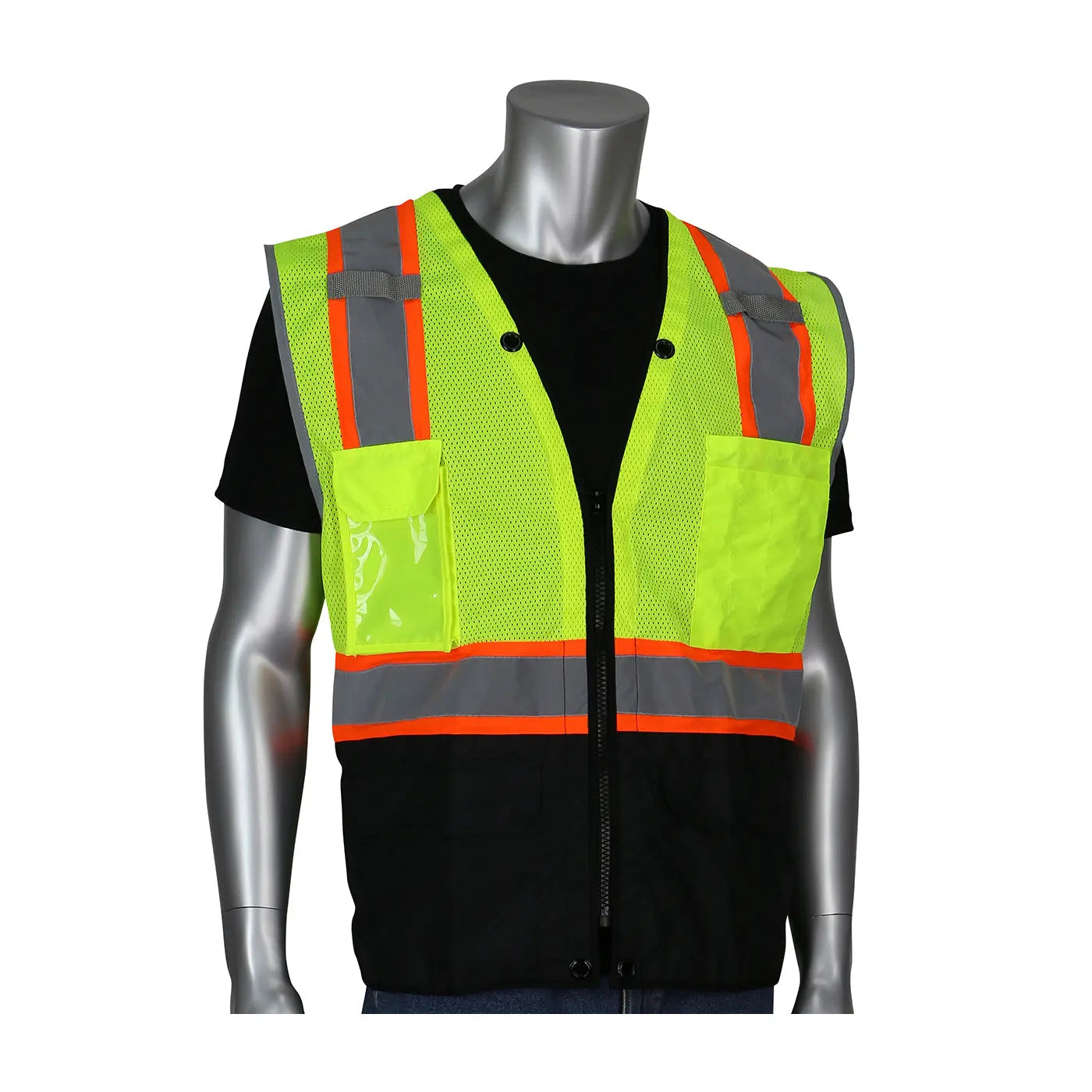 PIP - ANSI Type R Class 2 Two-Tone Eleven Pocket, Tech-Ready Mesh Surveyors Vest with Ripstop, Black Bottom Front and "D" Ring Access  Becker Safety and Supply