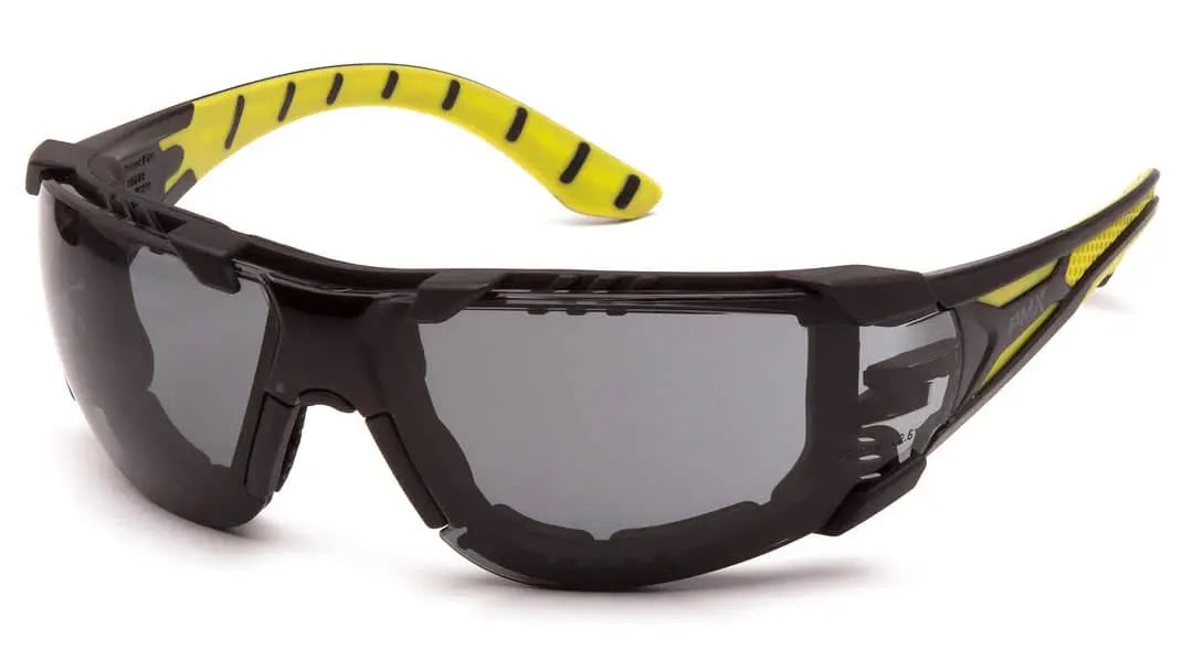 PYRAMEX Endeavor Plus Safety Glass with Gray H2MAX Anti-Fog Lens with Black and Green Temples with Foam Padding - Becker Safety and Supply