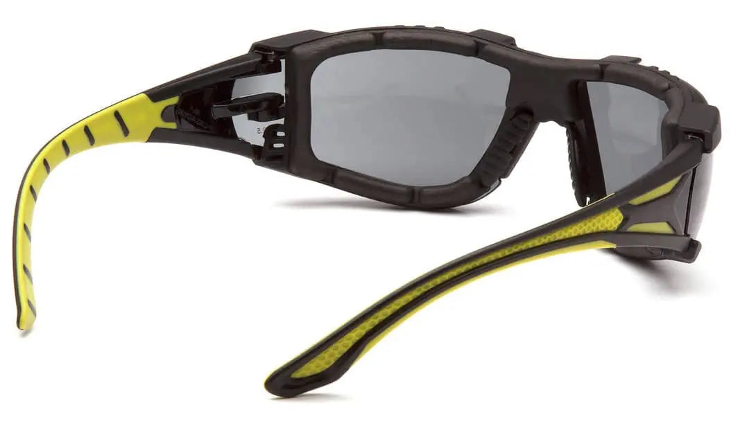 PYRAMEX Endeavor Plus Safety Glass with Gray H2MAX Anti-Fog Lens with Black and Green Temples with Foam Padding - Becker Safety and Supply