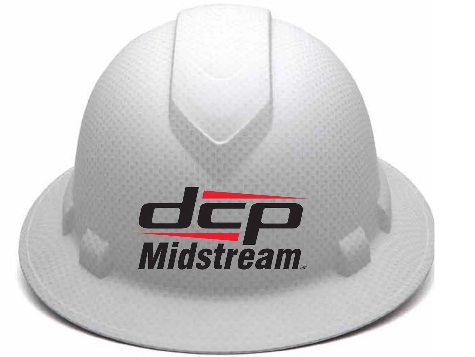 PYRAMEX - Ridgeline Full Brim Hard Hat with 4pt Ratchet Swing Suspension - Shiny White Graphite - DCP Midstream Logo on Front - Becker Safety and Supply