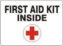 SIGN - "FIRST AID KIT INSIDE" White Backgroud w/Picto of Red Cross Symbol, Vinyl 7"x10" - Becker Safety and Supply