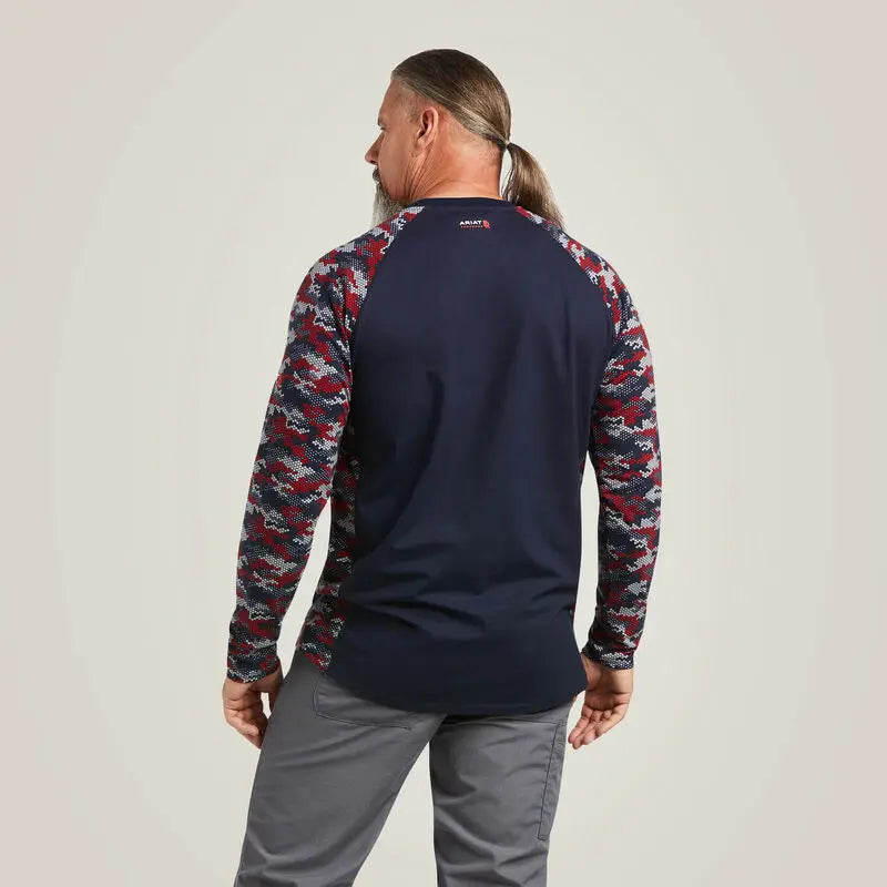 ARIAT - FR AC Stretch Camo Baseball T-Shirt. NAVY/WHITE/RED CAMO  Becker Safety and Supply