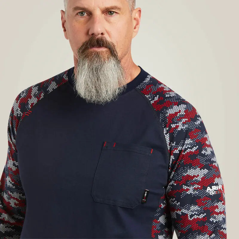 ARIAT - FR AC Stretch Camo Baseball T-Shirt. NAVY/WHITE/RED CAMO  Becker Safety and Supply