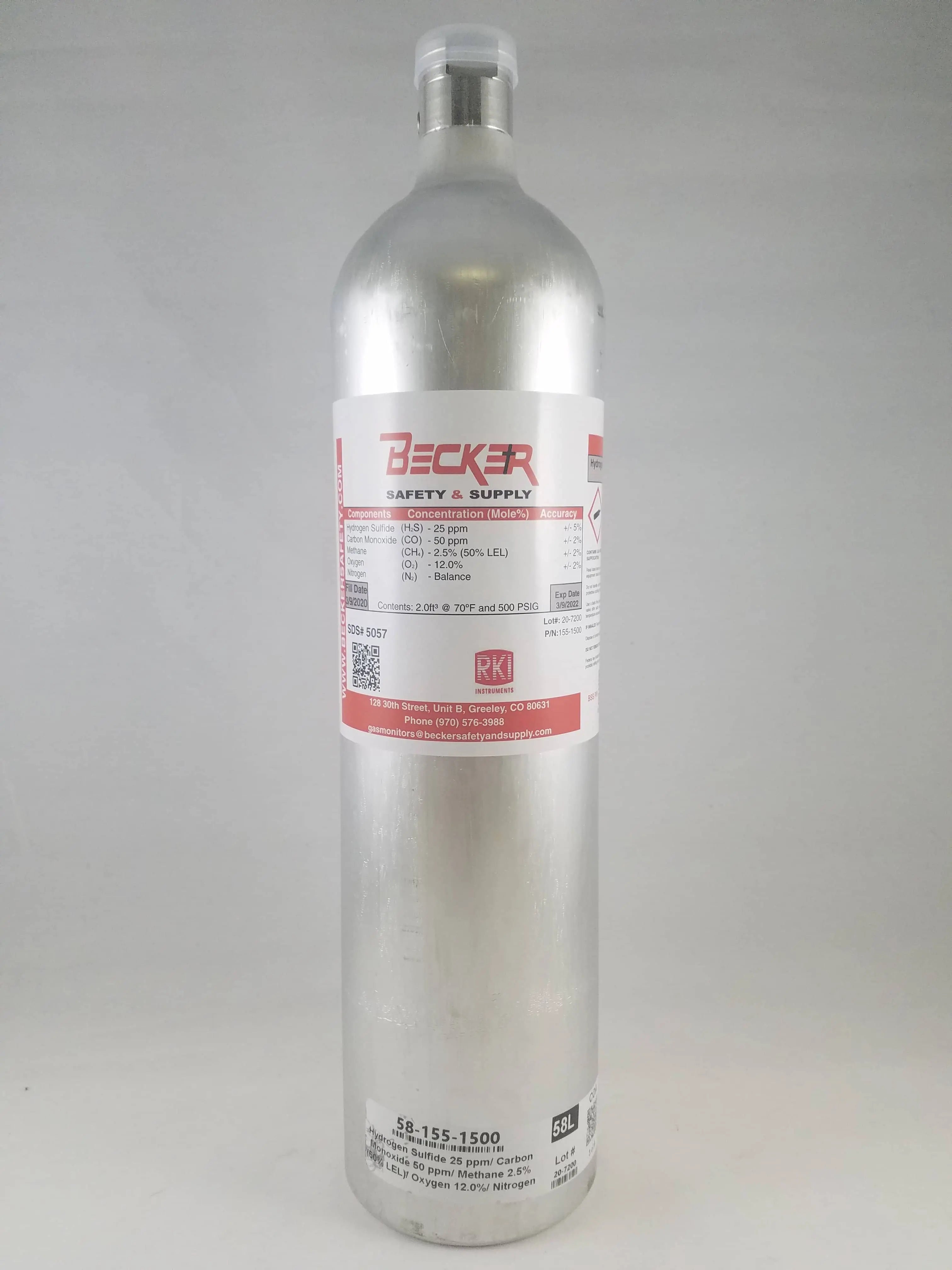 RKI - GX2009 Calibration Gas 58L CO,H2S,LEL,O2 (50ppm CO,50% LEL,25ppm H2S,12% O2) - Becker Safety and Supply