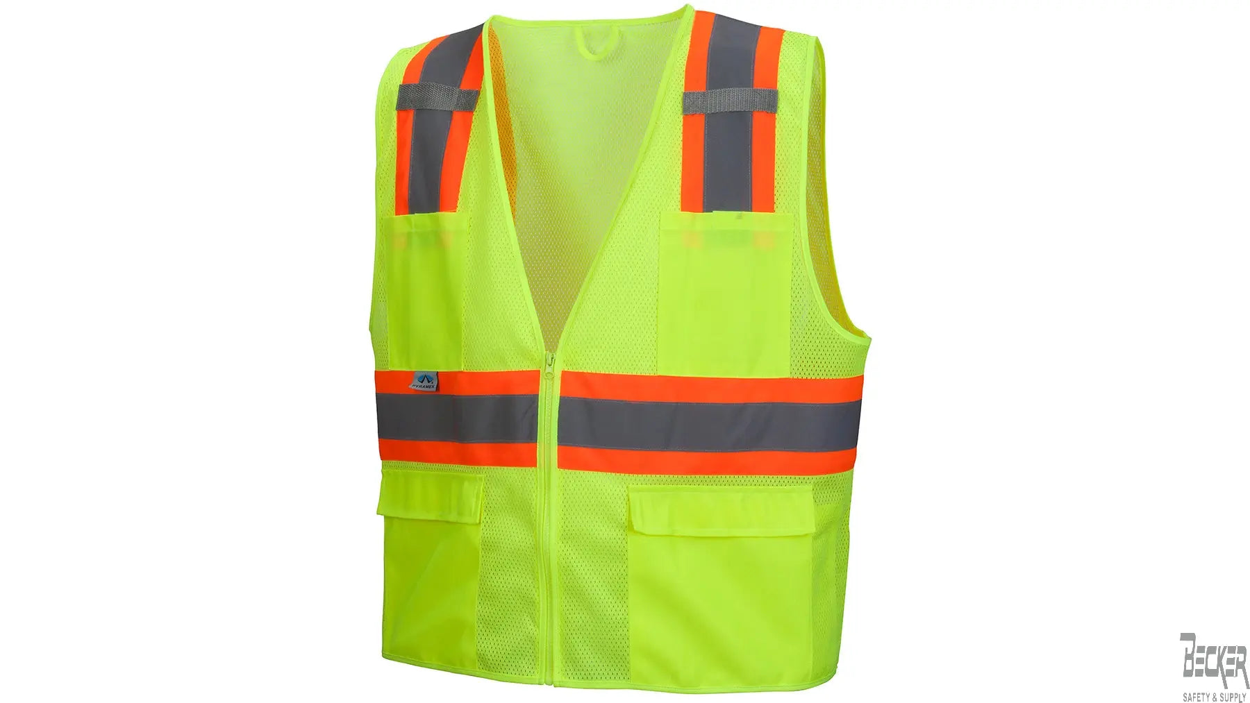 PYRAMEX - Type R - Class 2 Hi-Vis Lime Safety Vest, lightweight polyester mesh material W/ SAFEBUILT logo in black font on left chest pocket  Becker Safety and Supply