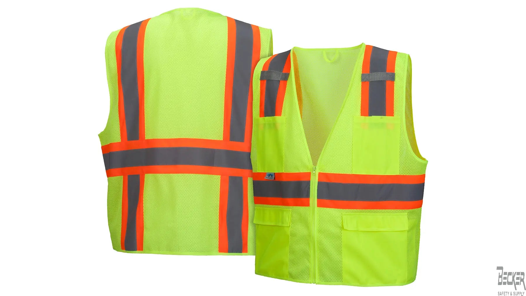 PYRAMEX - Type R - Class 2 Hi-Vis Lime Safety Vest, lightweight polyester mesh material W/ SAFEBUILT logo in black font on left chest pocket  Becker Safety and Supply