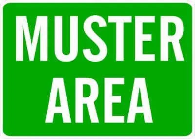 SIGN-"MUSTER AREA" 7x10 Adhesive Vinyl, White Lettering on Green Background - Becker Safety and Supply