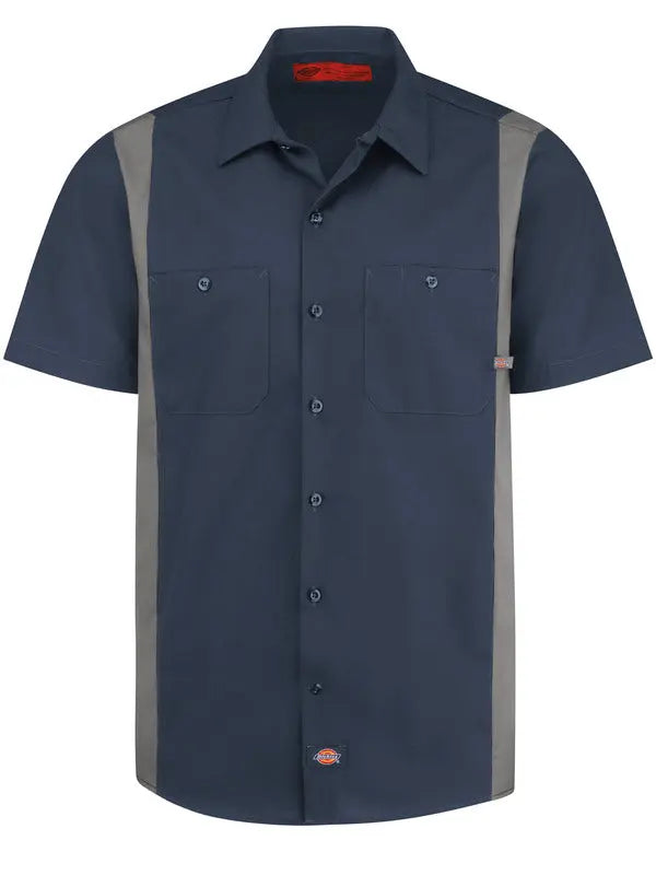 DICKIES - Camisa de trabajo de manga corta en dos tonos con bloque de color industrial para hombre, azul marino oscuro/humo