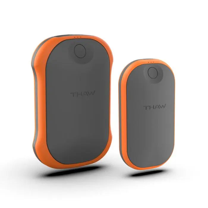 THAW - Small Rechargeable Hand Warmer with Power bank, 

High - 5 hour
Medium - 7 Hour
Low - 10 hour - Becker Safety and Supply