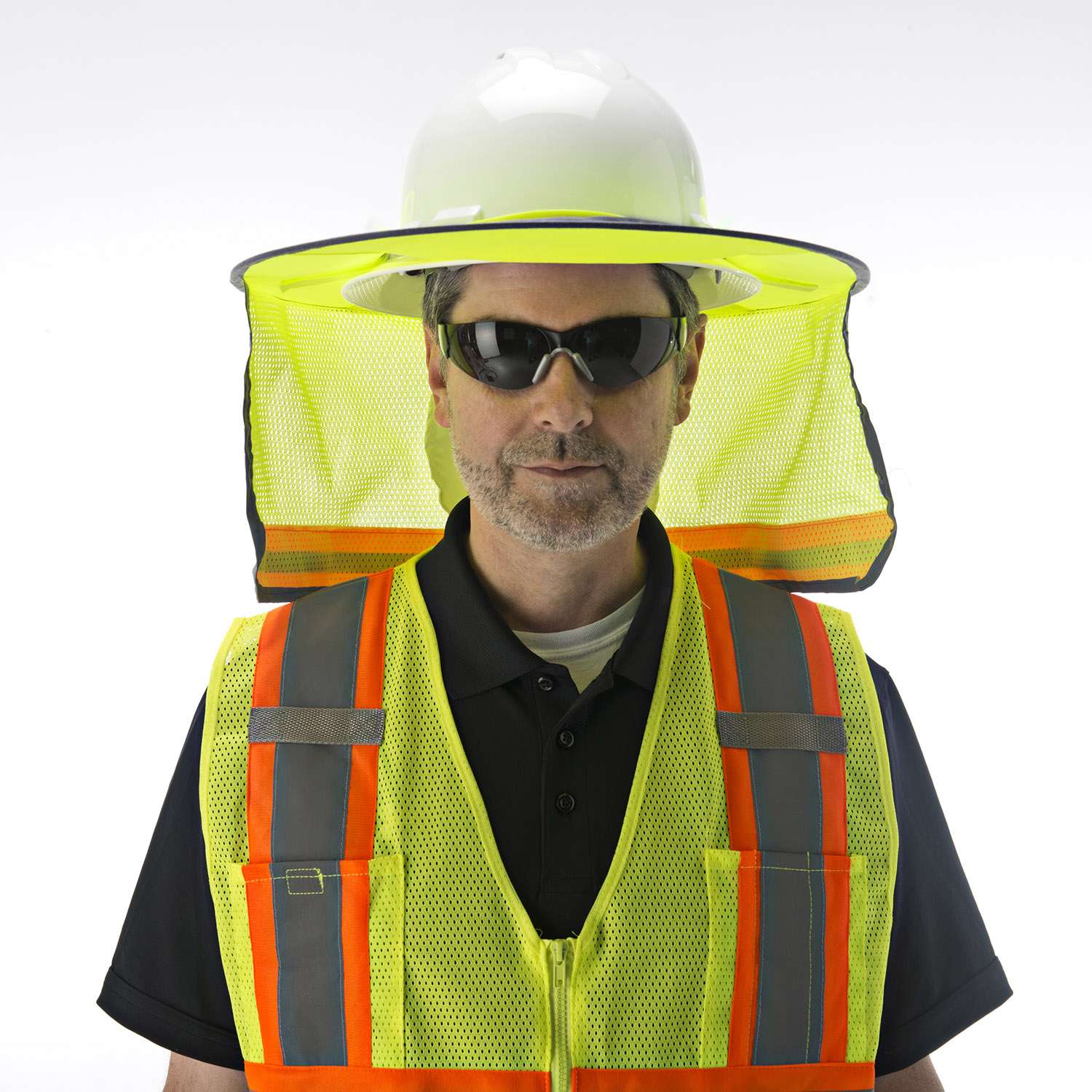 CORDOVA - Full brim Neck Shade, Polyester Mesh with reflective striping, Hi-Vis Lime - Becker Safety and Supply