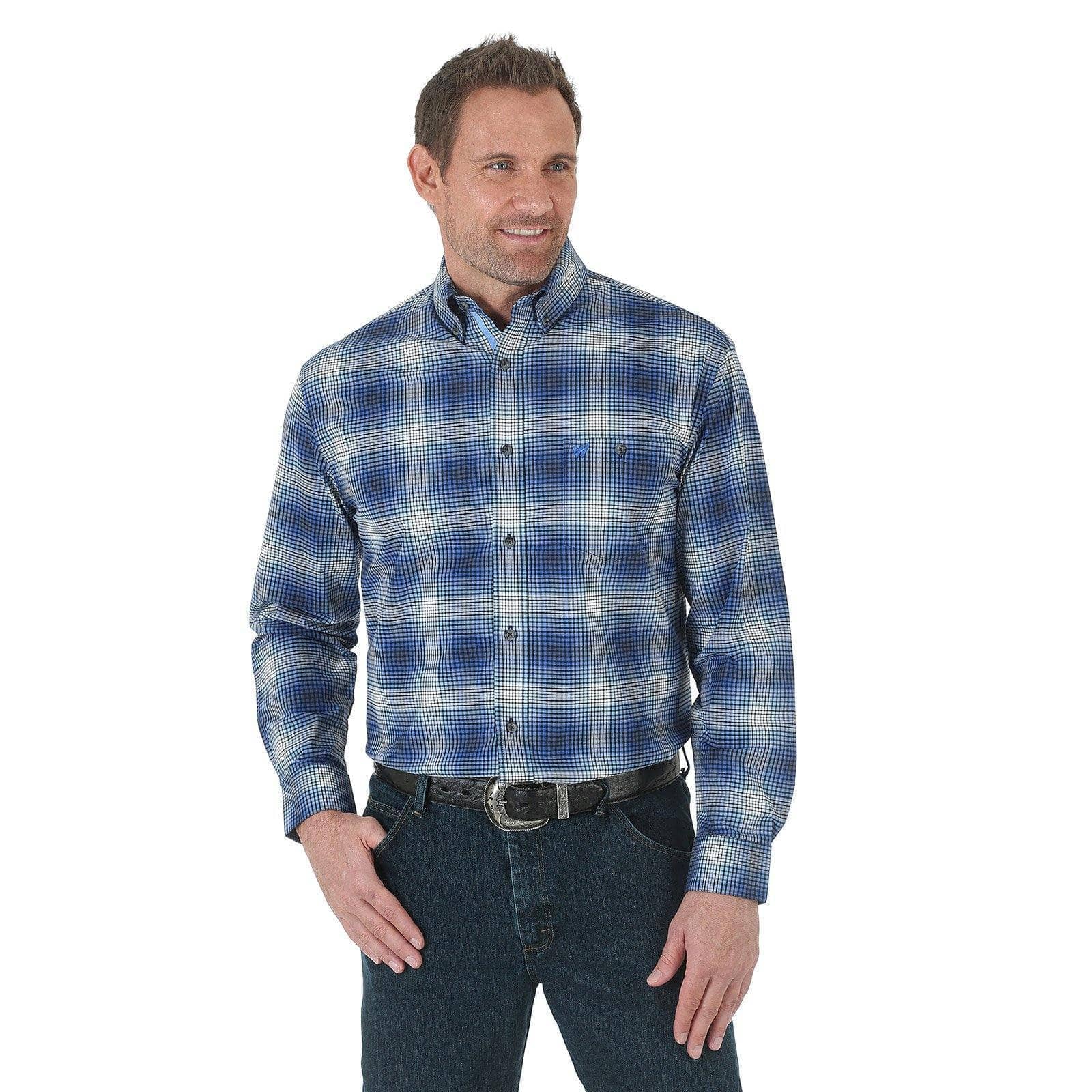 WRANGLER - Advanced Comfort Sport Shirt, Long Sleeve, Blue Plaid, XLT - Becker Safety and Supply