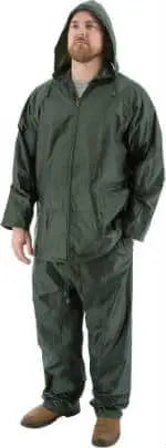 MAJESTIC - 2-Piece Hooded Waterproof Rain Suit - Green Rainsuit w/pants and attached hood - Becker Safety and Supply